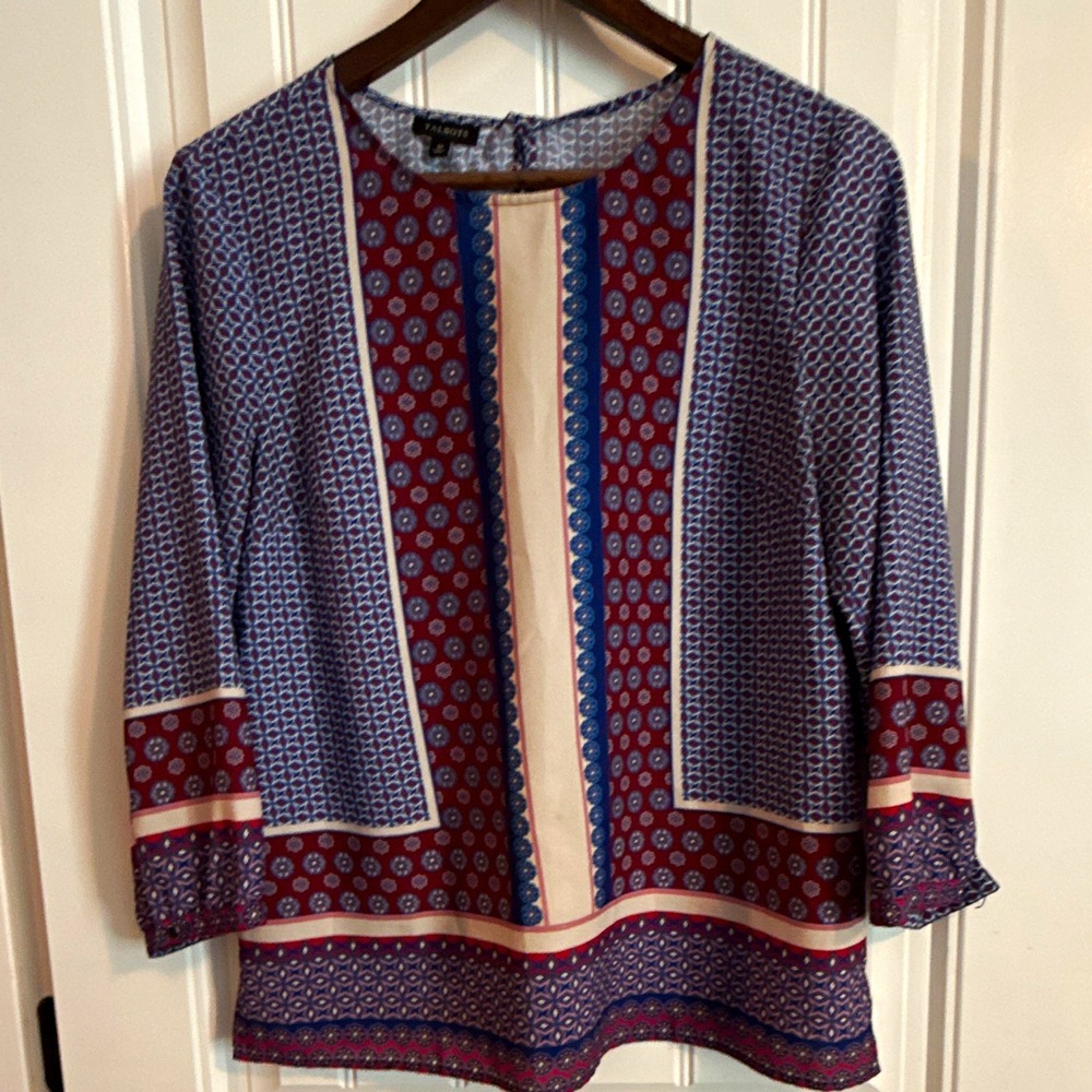 Talbots Women's Blue Red White Geometric 3/4 Sleeve Woven Poly Blouse M